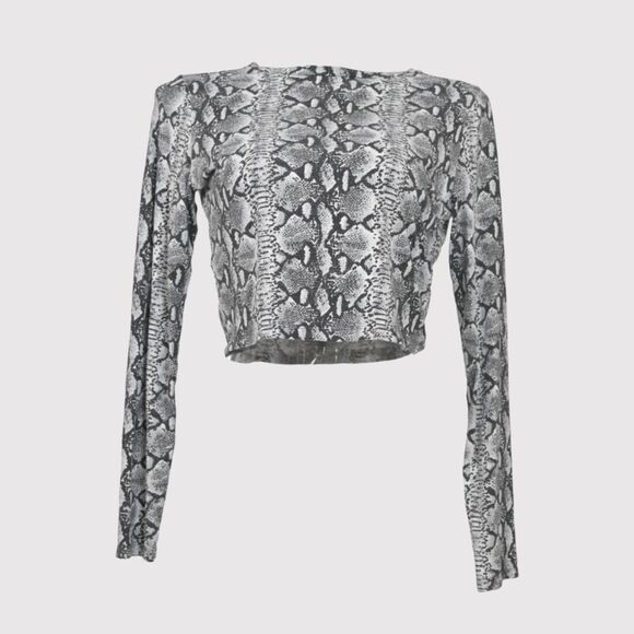Alice + Olivia Womens Top Gray Delaina Snakeskin Print Cropped Long Sleeve XS - Picture 1 of 12